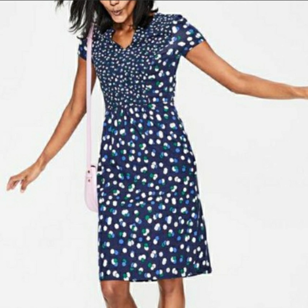 Boden Navy Blue Short Sleeve Mini Dress with White and Green Dot Print